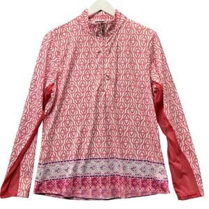 Cabana Life Womans Blouse Top Orange Geometric Sz. XL Nylon Long Sleeve Zip